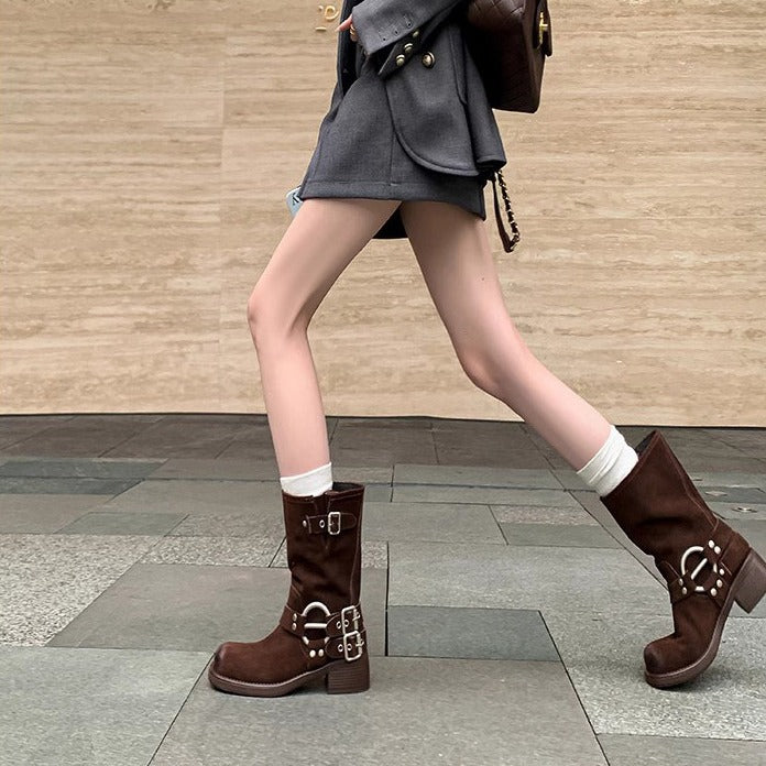 Vintage Western Thick Brushed Distressed Middle Boots