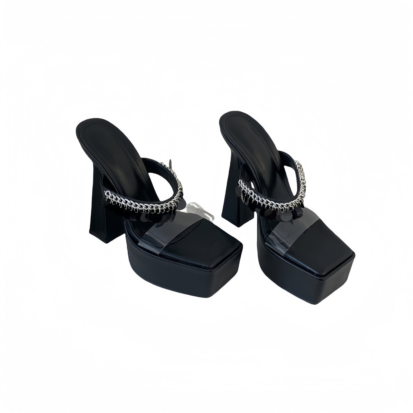 Chunky Waterproof Platform Square Toe Transparent Heels