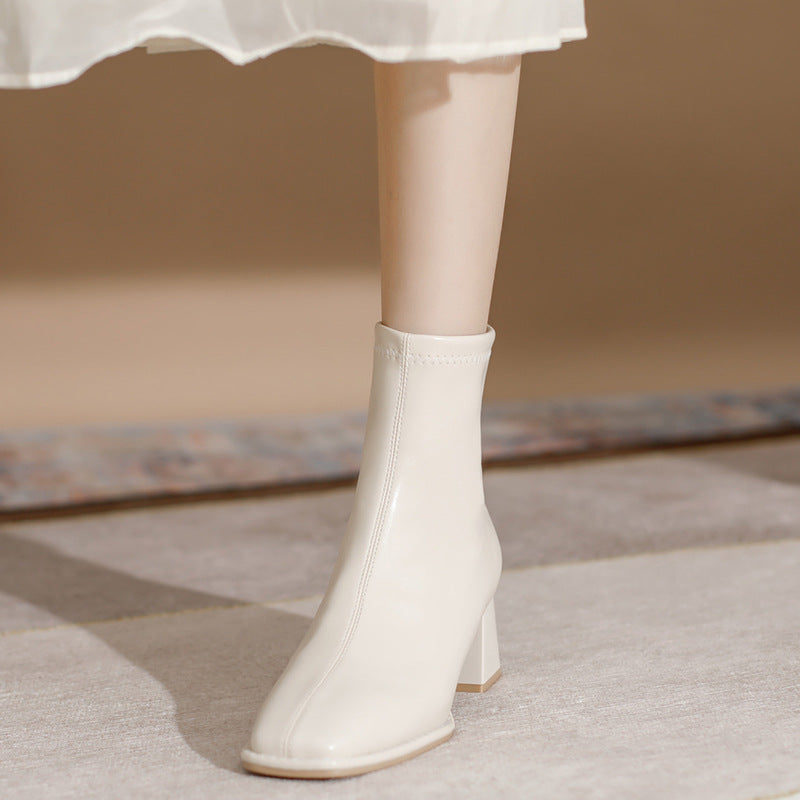 Women's Cowhide Style Skinny White Stretch French Boots