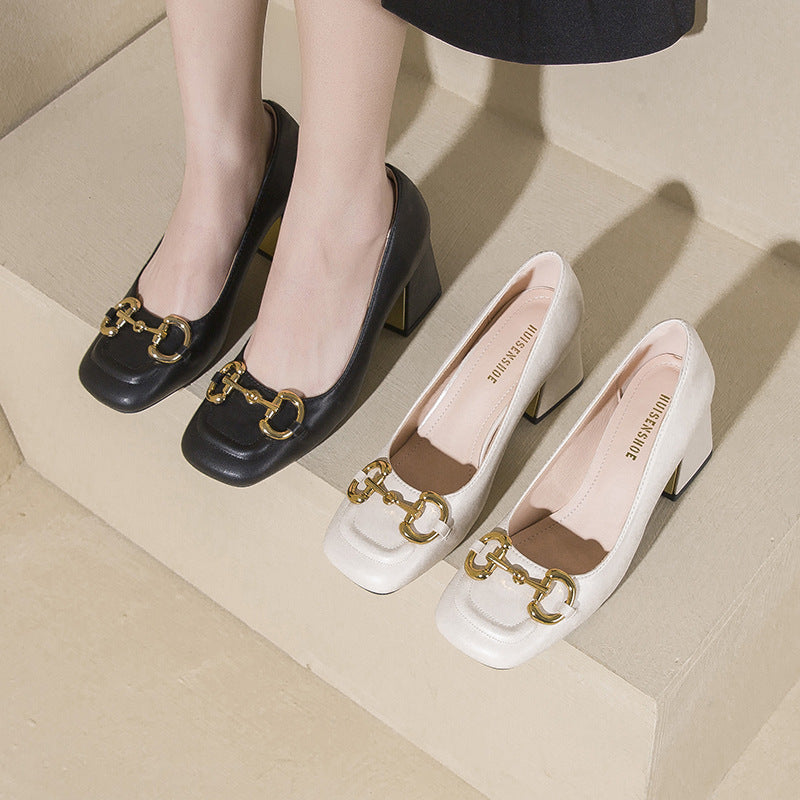 Women's High Square Toe Low-cut Mary Jane Metal Heels