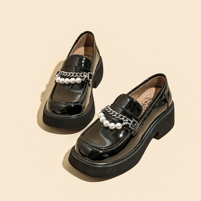 Women's Thick-soled Glossy Pearl Chain Slip-on Uniform Casual Shoes