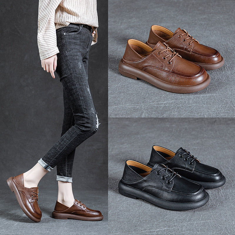 Women's Handmade Retro Pumps Genuine Flat Round Casual Shoes