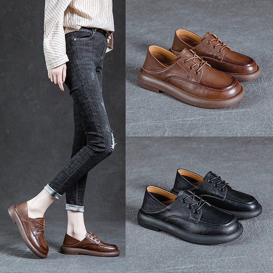 Women's Handmade Retro Pumps Genuine Flat Round Casual Shoes