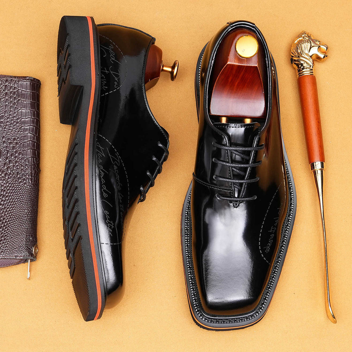 Men's Square Toe British Glossy Slit Beads Carved Formal Wear Full Leather Shoes