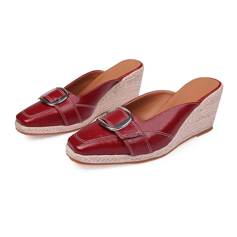 Women's Toe Wedge Closed Buckle High Platform Straw Woven Slippers
