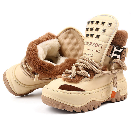 Women's Sheepskin Fur Integrated Fleece-lined Thick Cowhide Platform Snow Boots