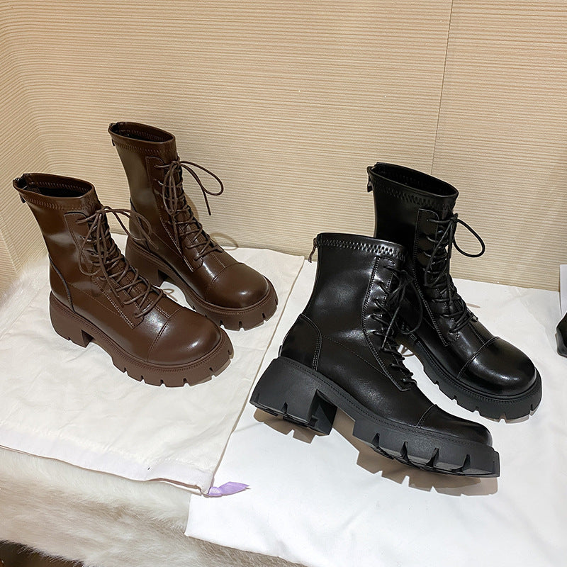 Genuine Chunky Knight Round Head Side Zip Boots
