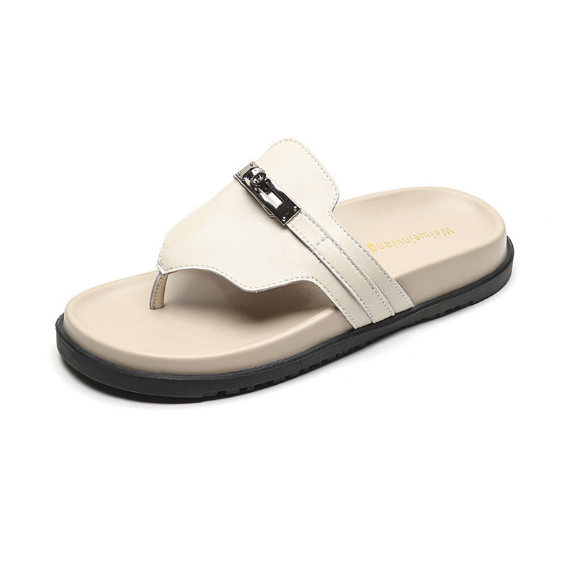 Women's Classic Engraved Lock Thick Bottom Toe Flip-flops Slippers