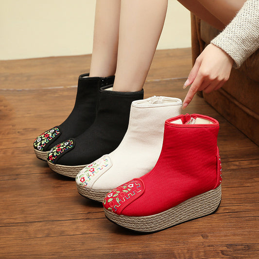Women's Ethnic Style Fleece-lined Cotton Plain Ancient National Fashion Embroidery Women's Shoes