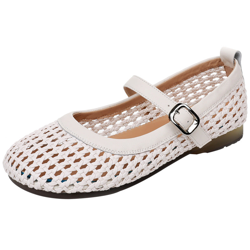 Women's Weaving Hollow Buckle Roman Round Toe Soft Soled Women's Shoes