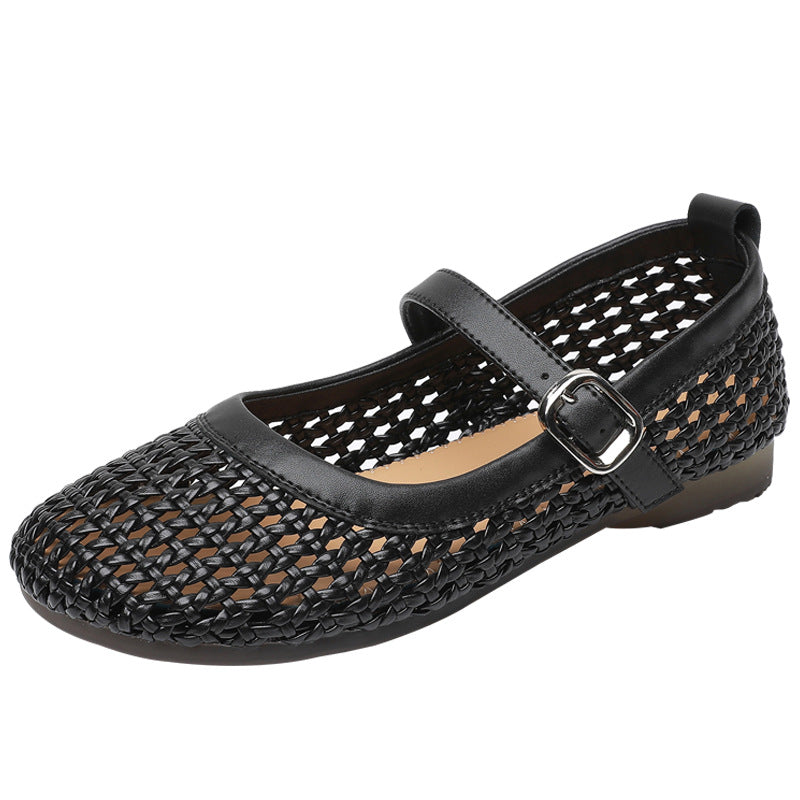 Women's Weaving Hollow Buckle Roman Round Toe Soft Soled Women's Shoes