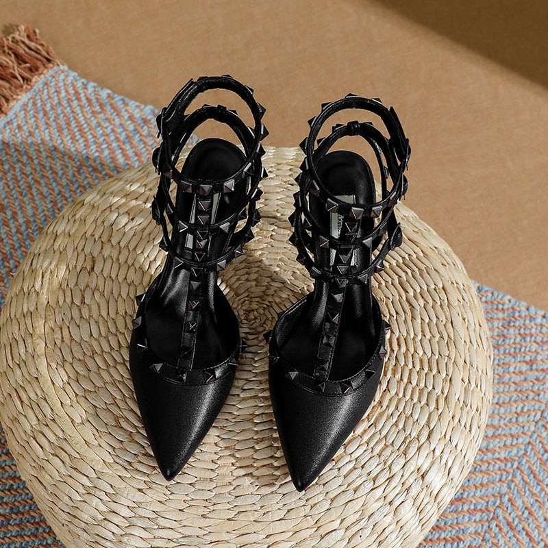 Women's Pointed Toe Cap Rivet Nude High Heels