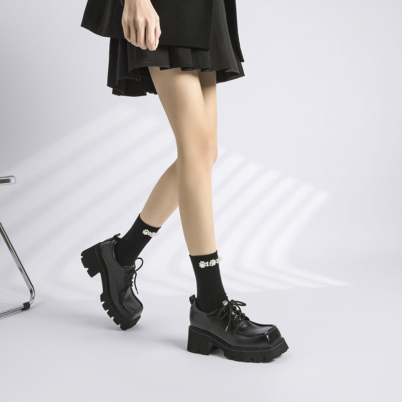 Women's Chunky Small Fashionable Square Toe Platform Plus Leather Shoes