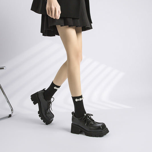 Women's Chunky Small Fashionable Square Toe Platform Plus Leather Shoes