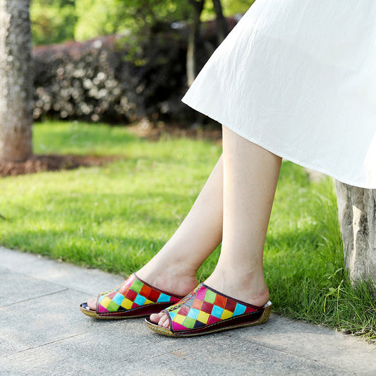 Genuine Hand-rub Color Retro Check Comfortable Sandals