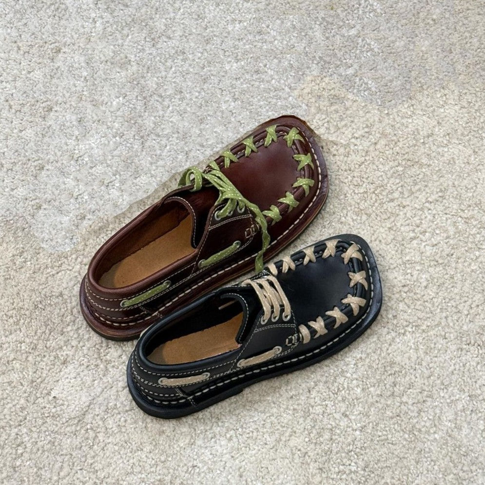 Women's & Men's Woven Design British Style Square Toe Men's Casual Leather Shoes