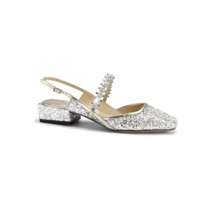 Women's Diamond Band Back Empty Square Toe Low-cut Thick Box Women's Shoes