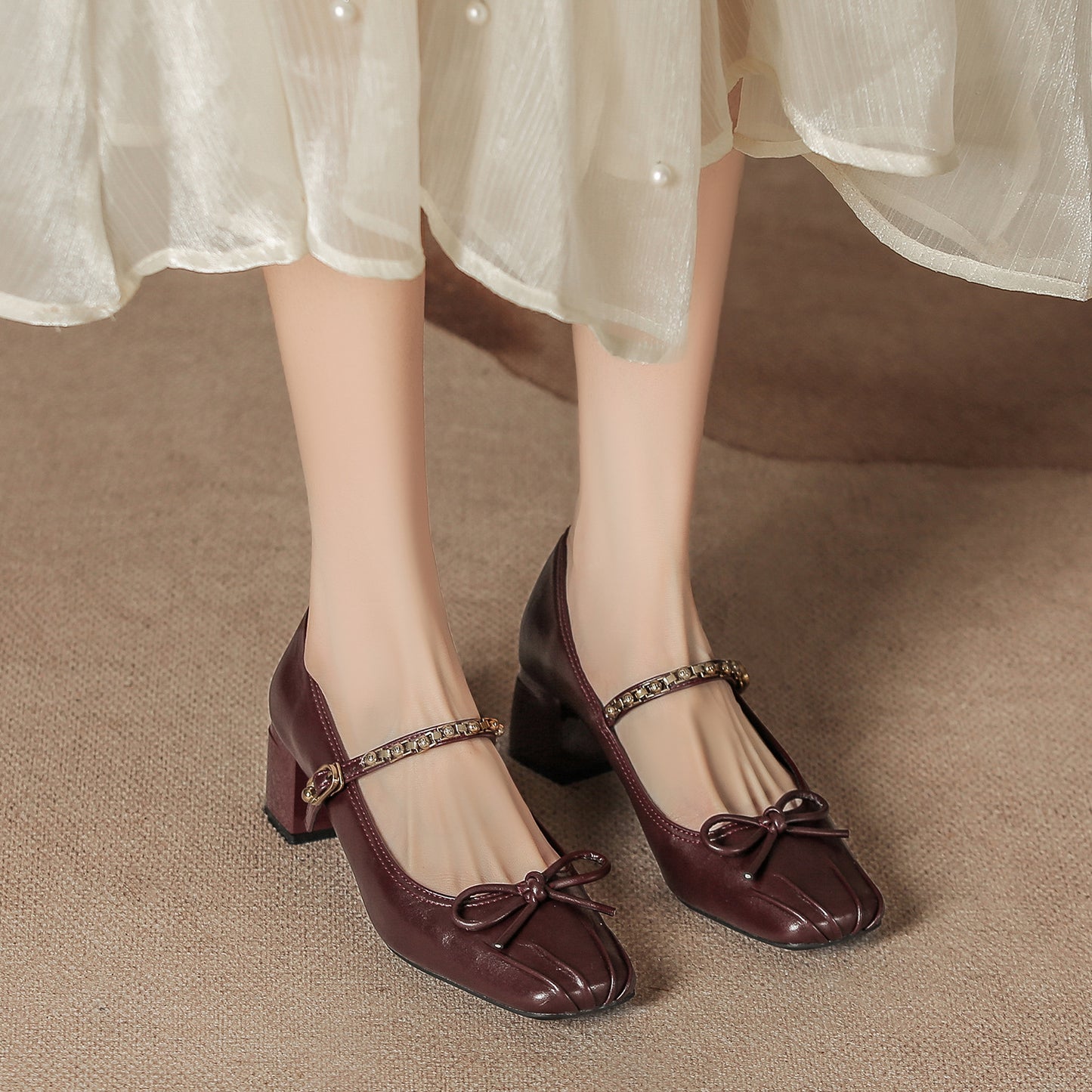 Women's French Style Temperament Pumps Bow High High-grade Chunky Square Women's Shoes