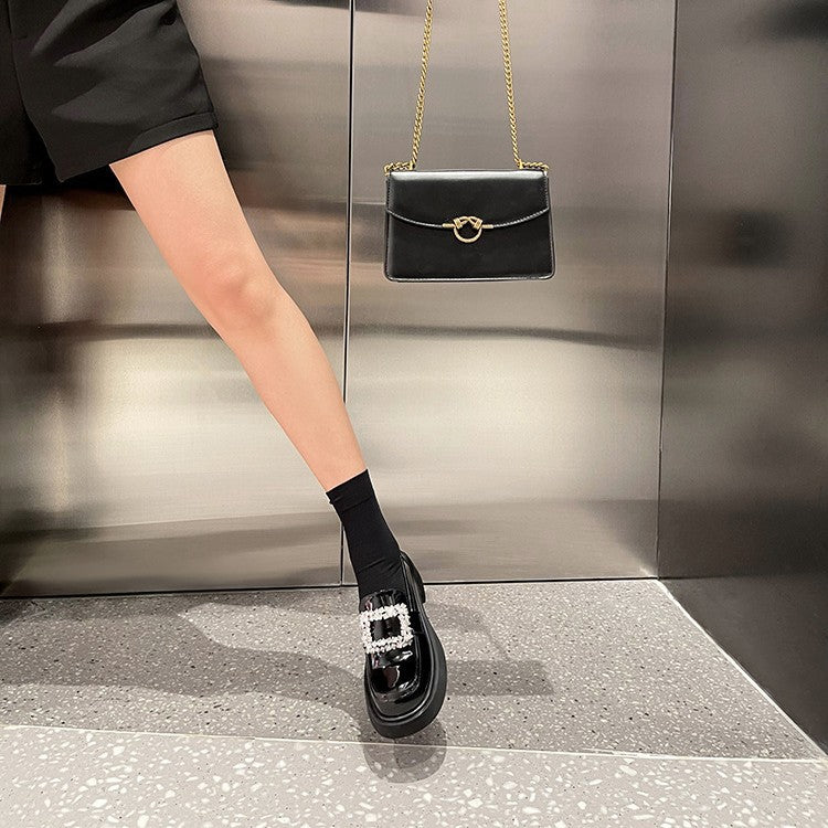 Square Buckle Rhinestone Platform Autumn Black Loafers