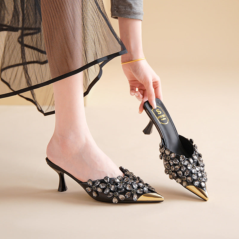 Women's Pointed Toe Cap Half High Fashionable Beaded Heels