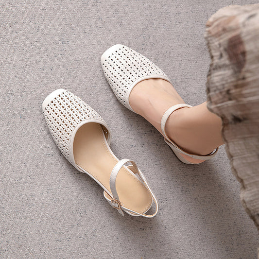 Women's Cowhide Handmade Genuine Woven Hollowed Buckle Mid Toe Women's Shoes