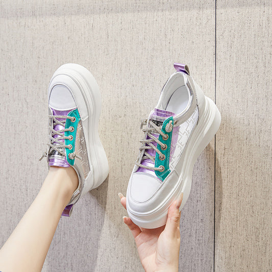 Women's White Spring Breathable Dad Platform Height Casual Shoes