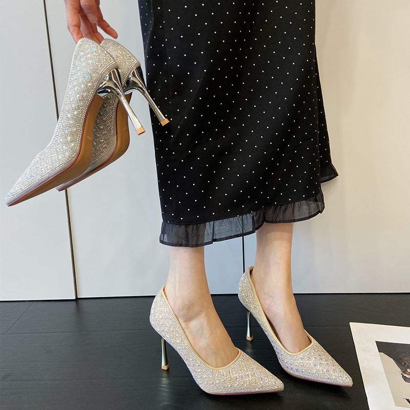 Spring Pointed Crystal Pearl Full Diamond Low-cut Heels