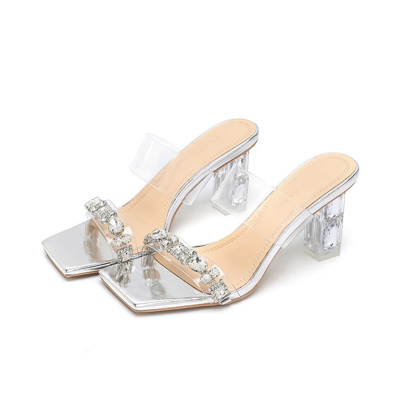 Women's Chunky Summer Square Toe Open Rhinestones Strap Transparent Heels