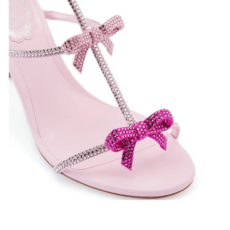 Women's Summer Bow Rhinestone Open Toe Roman Heels
