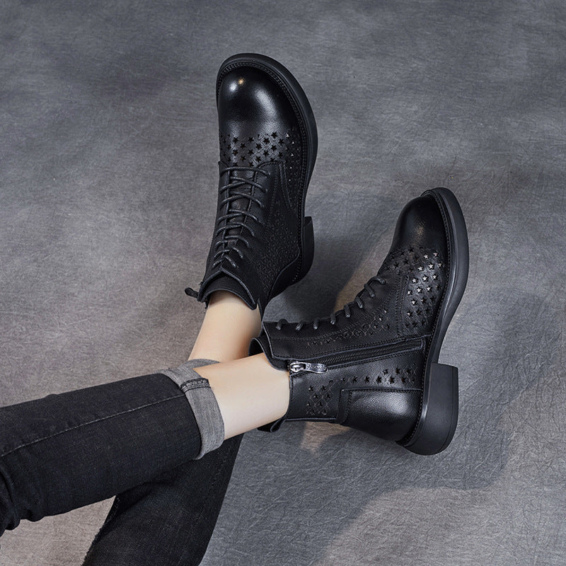 Women's Layer Cowhide Hollow Ankle Retro British Boots