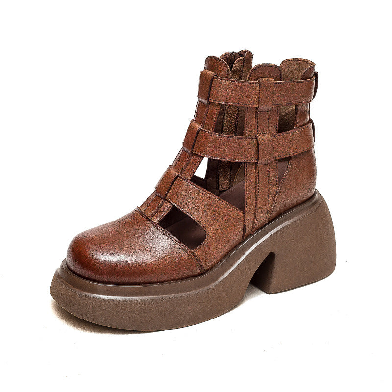 Women's Hole Hollow Side Zipper Top Layer Cowhide Round Heels
