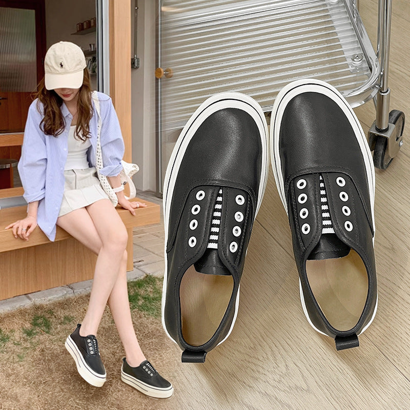 Women's Top Layer Cowhide Slip-on Platform White Casual Shoes