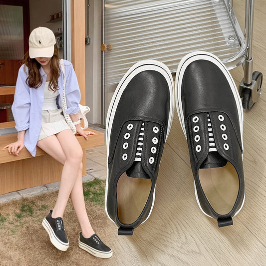 Women's Top Layer Cowhide Slip-on Platform White Casual Shoes