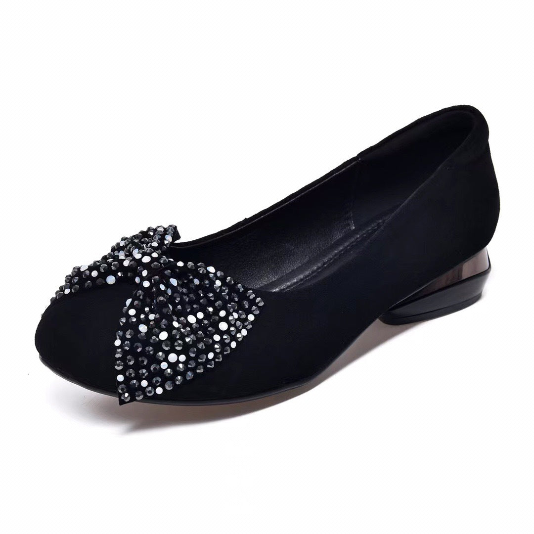 Women's Korean Style Bow Rhinestone Black Slip-on Shallow Mouth Pumps Round Women's Fashion Shoes