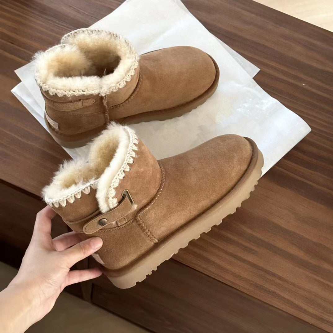 Winter Thick-soled Wool Woven Side Belt Snow Boots