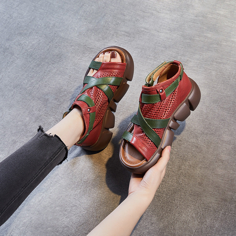 Women's Layer Cowhide Open Toe Peep Color Stitching Roman Sandals