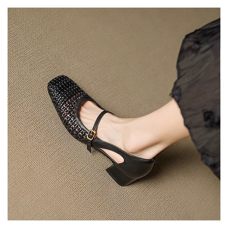 French Hollow Woven Mary Jane Hole Pumps Sandals