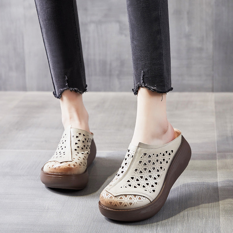 Women's Muffin Platform Closed Toe Hollow Hole Genuine Slippers