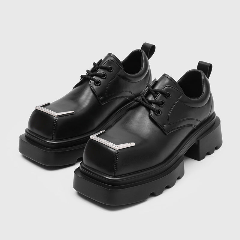 Men's Spring Muffin Bottom Platform Square Head Derby British Style Retro Men's Casual Leather Shoes