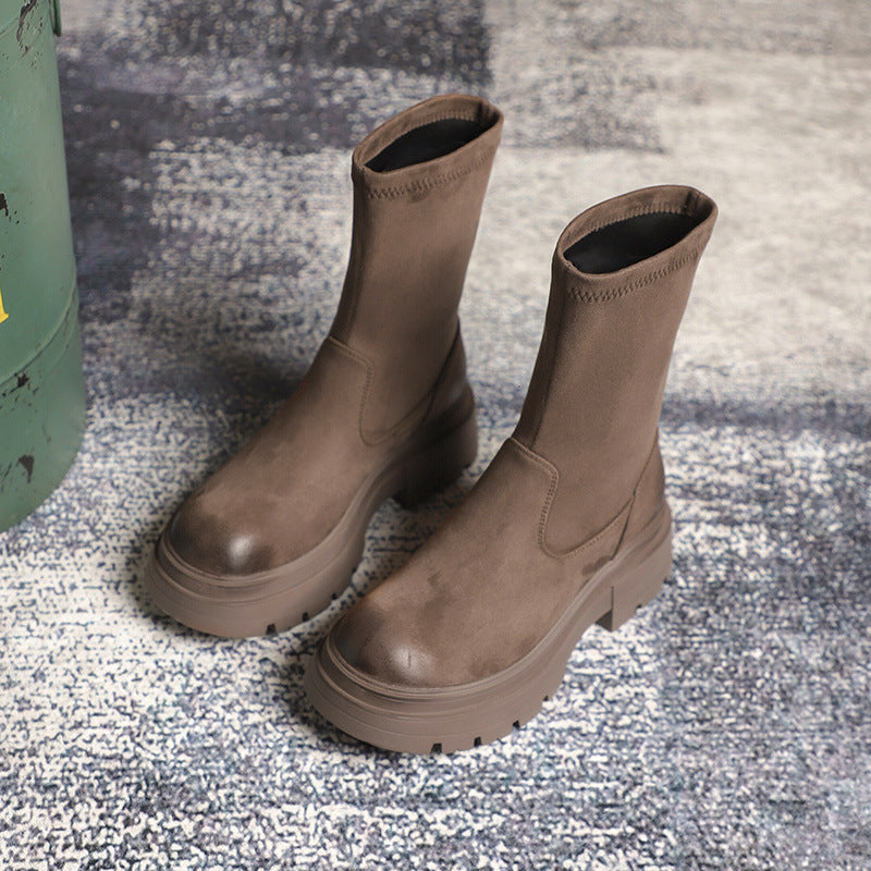 Women's French Style Temperament Short Suede Thick Boots
