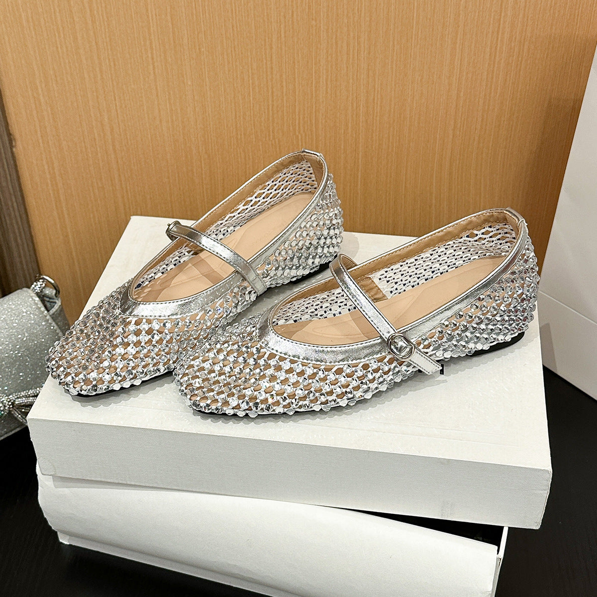 Women's Square Toe Rhinestone Mesh Hollow Out Back Open Mary Jane Women's Fashion Shoes