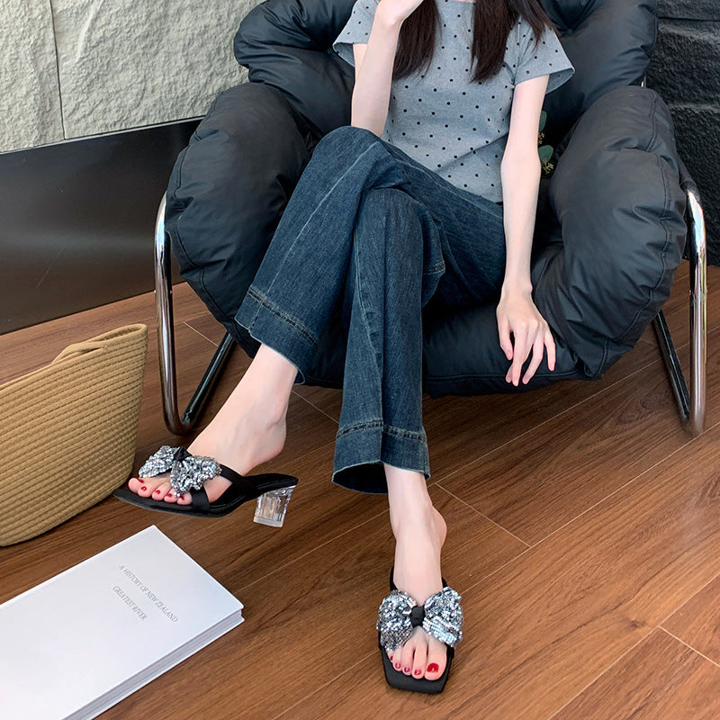 Women's High Summer Outdoor Crystal Chunky Widened Heels