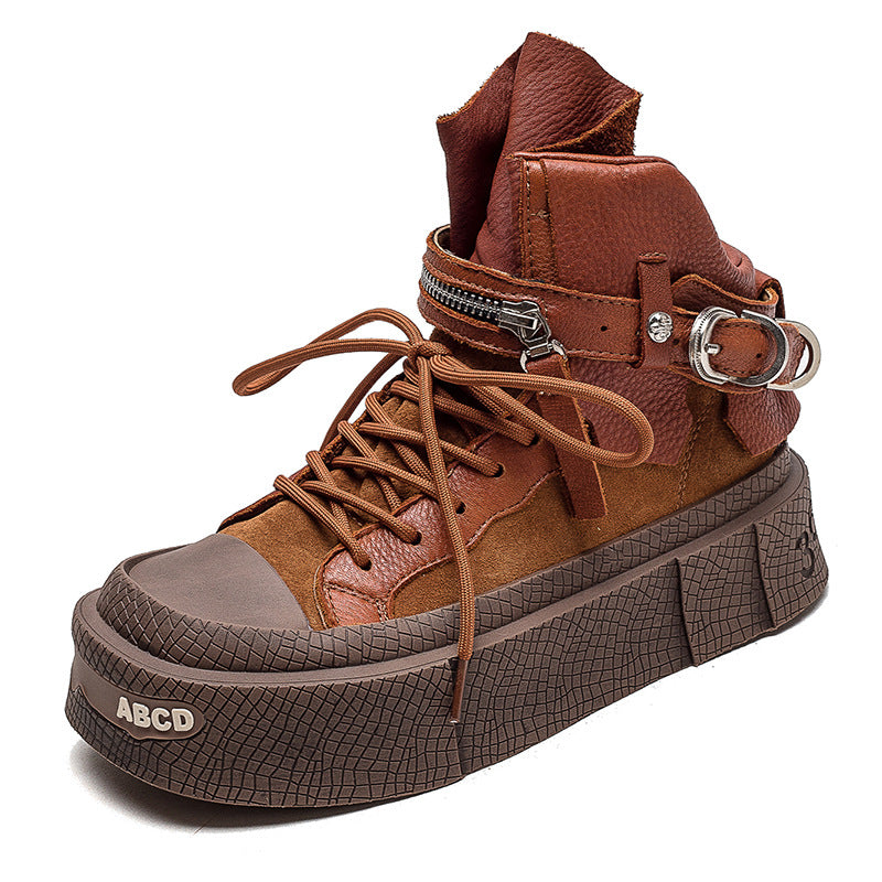 Women's Shu Low-cut Ankle Top Layer Cowhide Round Toe Boots