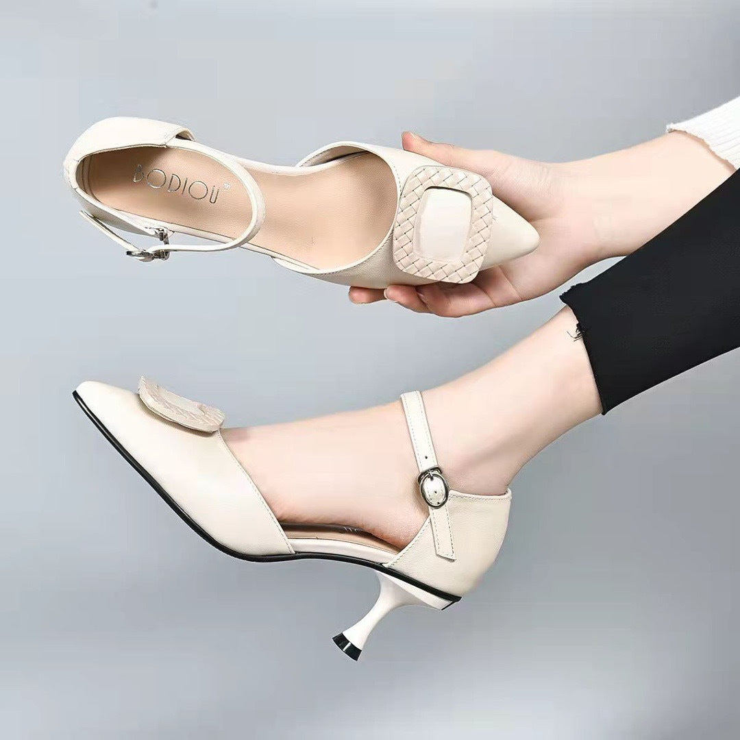 Women's Closed Toe Buckle Low Summer Genuine Heels