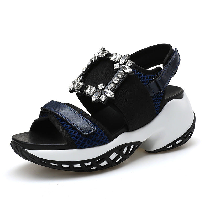 Women's Summer Rhinestone Square Buckle Platform Velcro Sandals