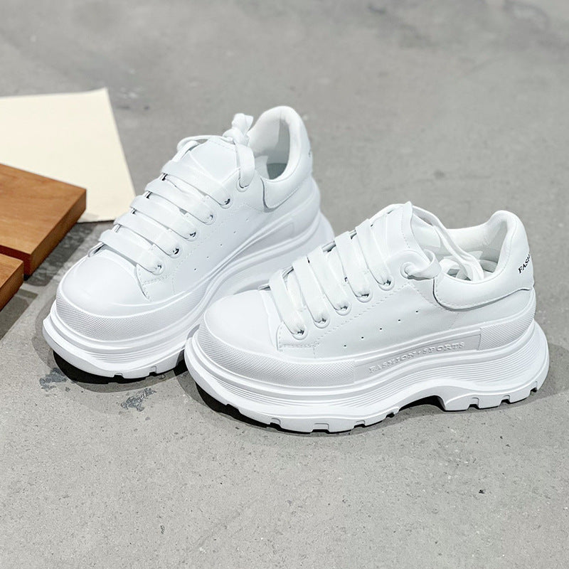 Women's White Thick Bottom Increased Leisure Solid Sneakers