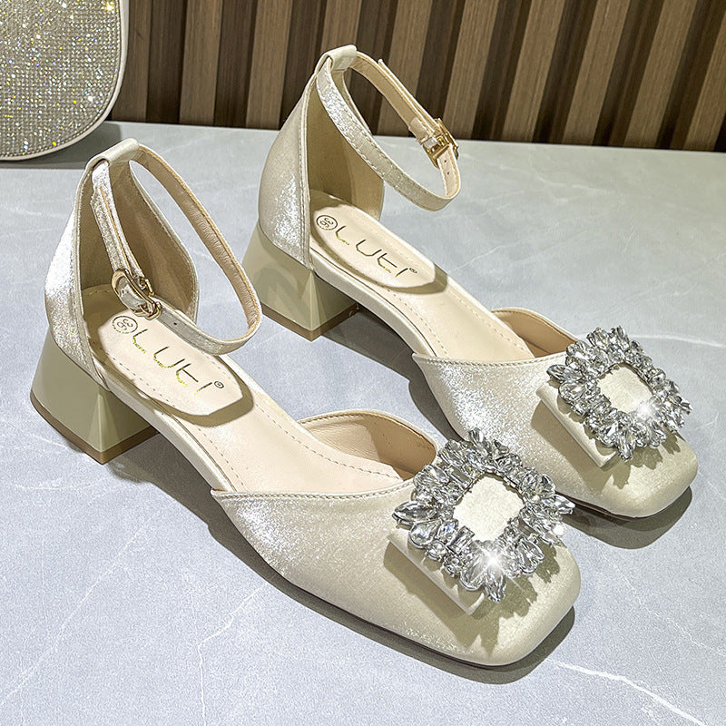 Women's Summer Retro Square Toe Chunky Mary Jane Small Heels