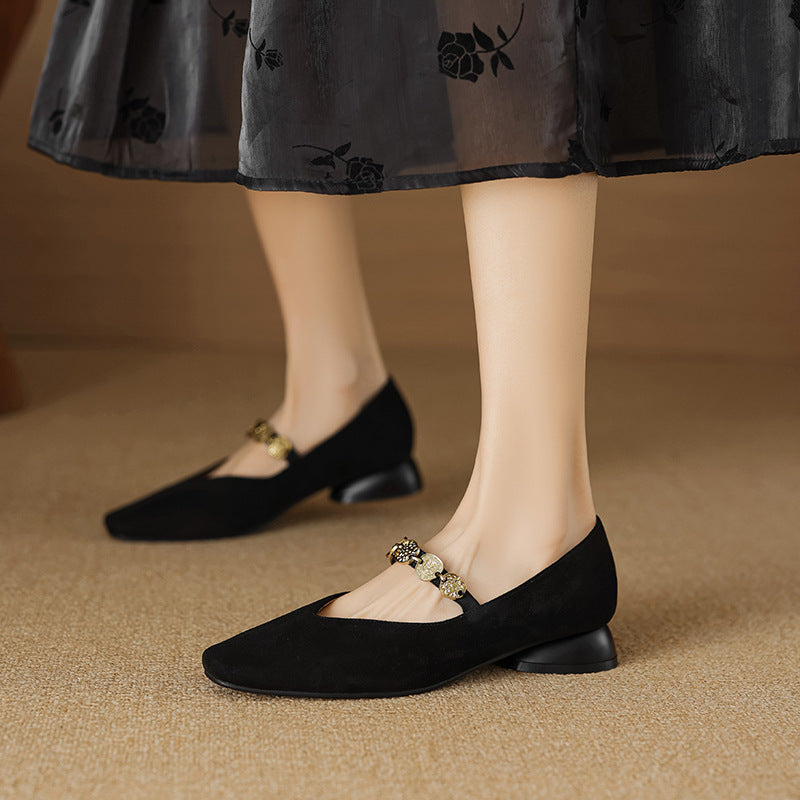 Women's Sheepskin French Square Head Gold Coin Mary Jane Women's Fashion Shoes