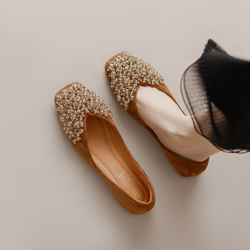 Women's Fleece-lined Square Toe Suede Pumps Temperament Entry Lux Height Women's Shoes