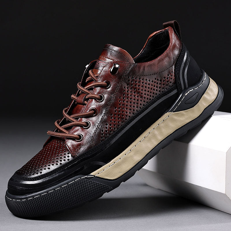 Men's Summer Hollow Breathable Genuine Cowhide Green Sneakers